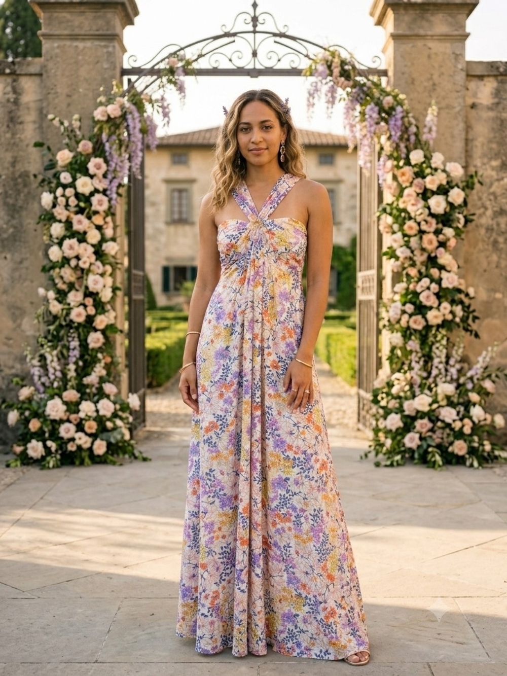Vici Floral Halter Maxi Dress in Lavender, Yellow & Peach